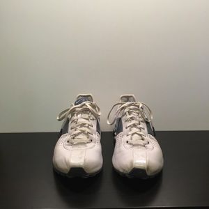 White and Navy Blue Nike Shox